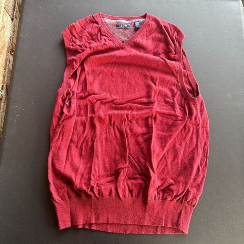 Izod Sweater Vest Mens Large Red Sleeveless Cotton V-Neck Casual Business